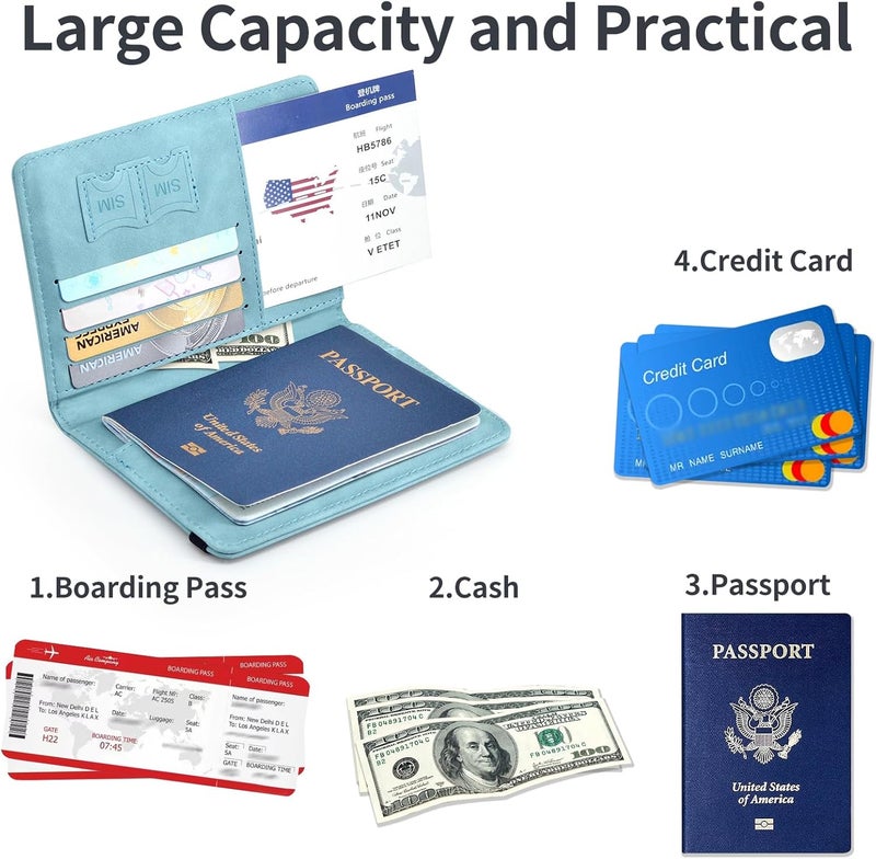 KAOBAN Passport Holder, Passport Cover with Credit Card Slot and Boarding Pass Slot Combo, Passport Wallet Case Book Travel Must Have, RFID Blocking Leather Travel Accessories, Sky Blue - Image 4